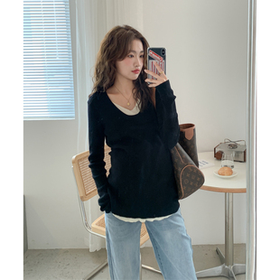 基础款~孕妇装针织衫春秋装假两件上衣高弹撞色打底衫内搭长袖T恤