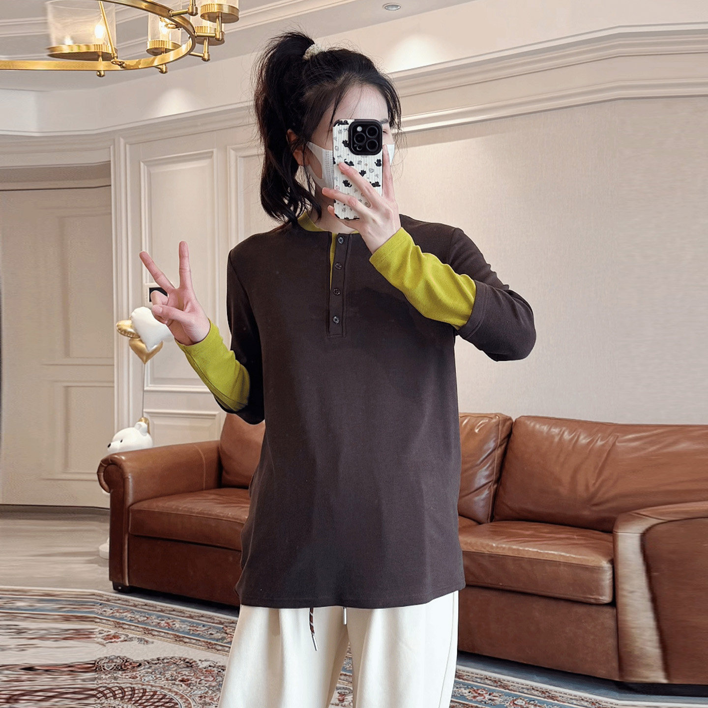 ◆诺初◆孕妇春装假两件T恤女美式复古撞色半开领打底衫显瘦上衣