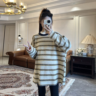 休闲百搭上衣 T恤加绒宽松中长款 孕妇秋冬装 简约条纹慵懒长袖