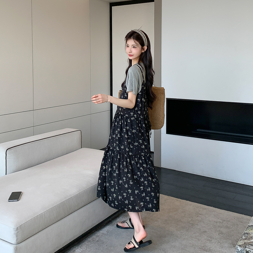 ◆诺初孕妇装◆韩系假两件雪纺碎花孕妇连衣裙夏季中长款宽松裙子