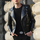 青年潮流翻领外套加绒加厚机车皮夹克 帅气2025新款 修身 皮衣男韩版