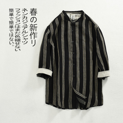 立领七分袖宽松条纹衬衫纯亚麻