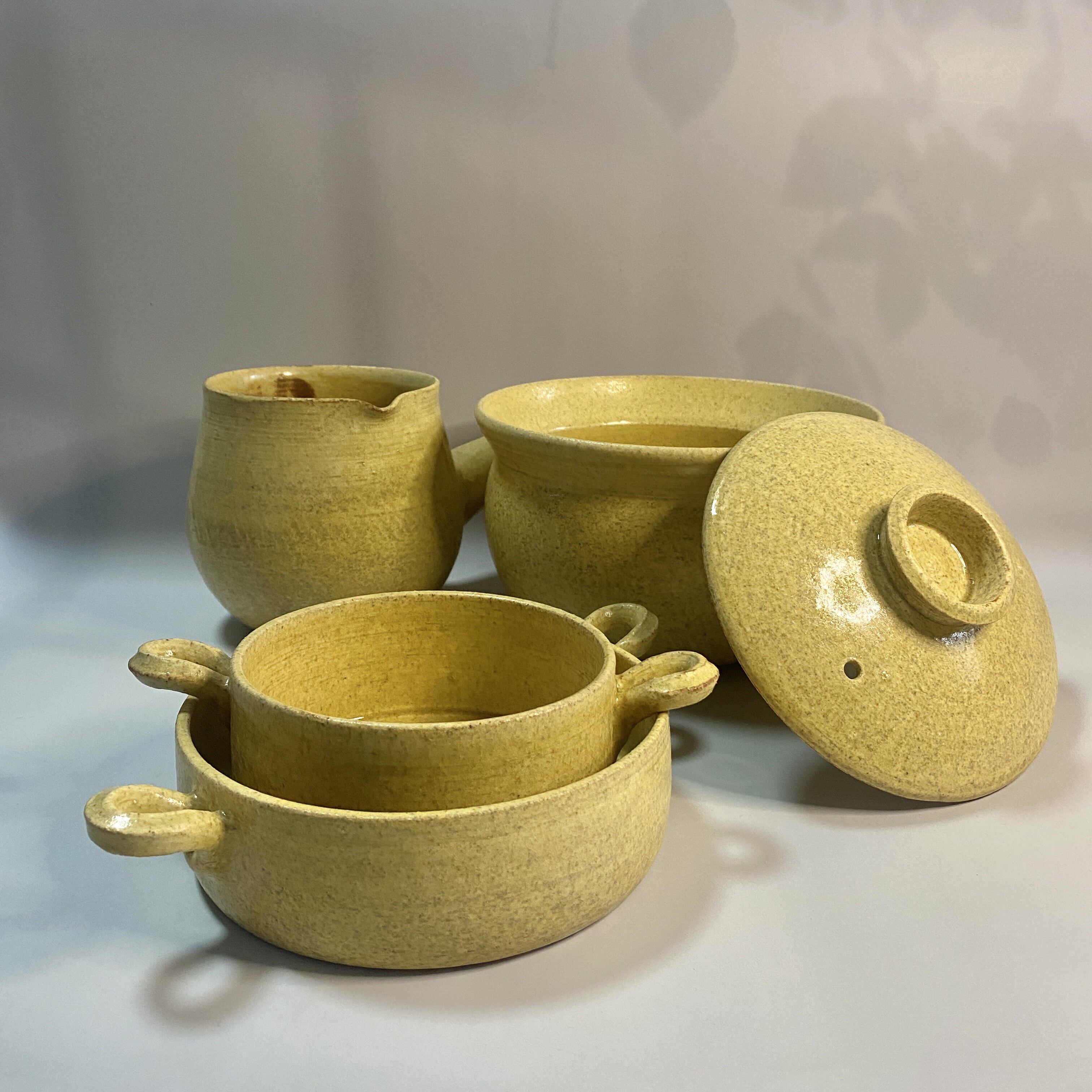 手作瓷器 小川佳子 手工陶瓷耐热锅嫩黄色带盖锅家用厨房用品