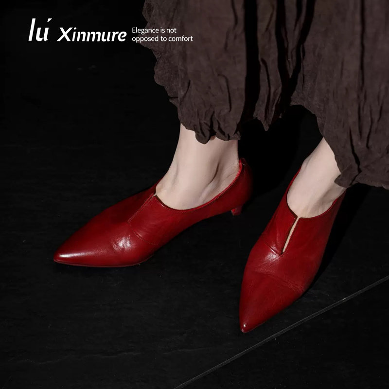 Lu' Xinmure 意大利水洗马皮 法式单鞋女2026新款真皮高跟乐福鞋