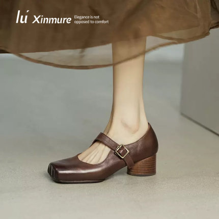 Lu' Xinmure 原创波兰头层水洗马皮 新款猪鼻子粗跟芭蕾鞋浅口