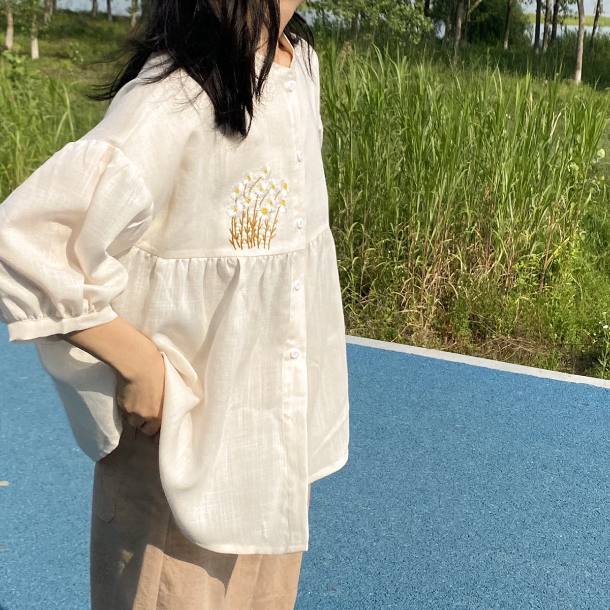 衣川自制 设计感 仿手绣旗袍圆领衬衫 宽松娃娃衫