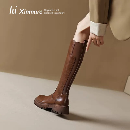 Lu' Xinmure 意大利头层牛皮女靴 粗跟复古骑士靴高筒靴弹力靴