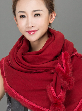 恒源祥酒红色宴会毛边围巾女士