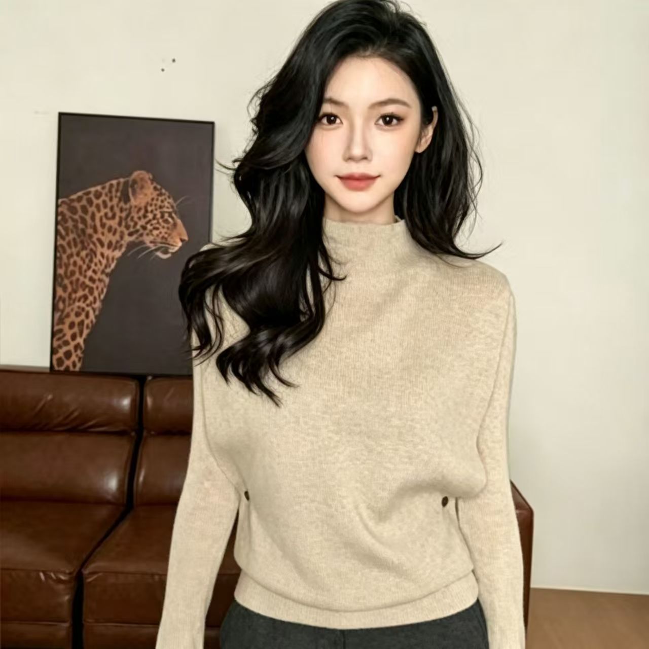 秋冬高领长袖宽松驼色针织套装女