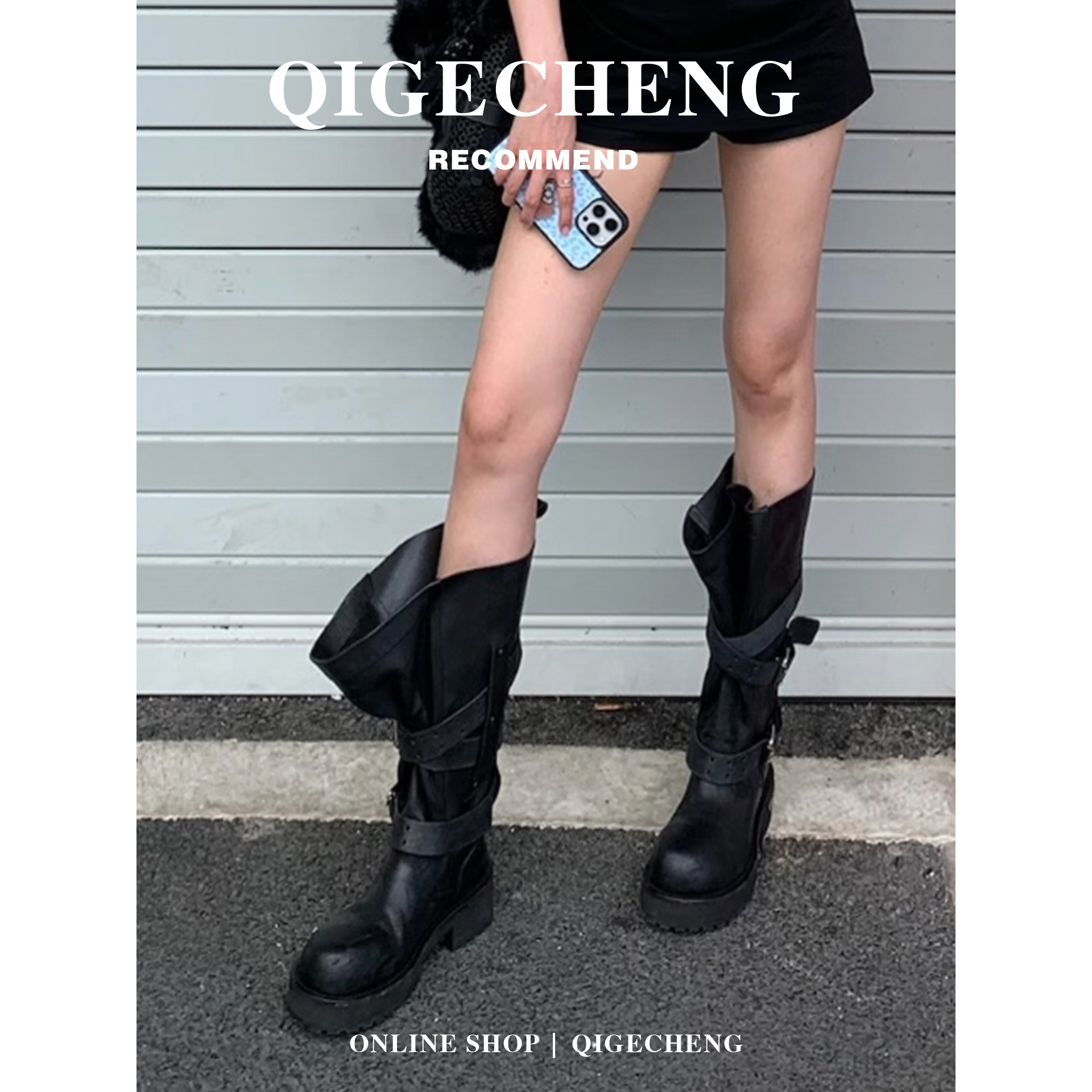 马上发~真皮厚底圆头骑士靴女