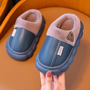 儿童棉拖鞋冬季皮面防水防滑男女童亲子室内休闲保暖小孩包根棉鞋