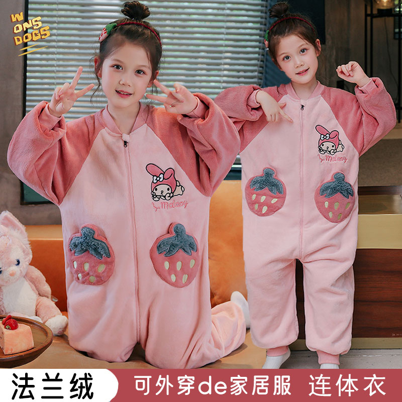 美乐蒂法兰绒儿童连体睡衣女童秋冬女孩保暖亲子珊瑚绒家居服睡袋