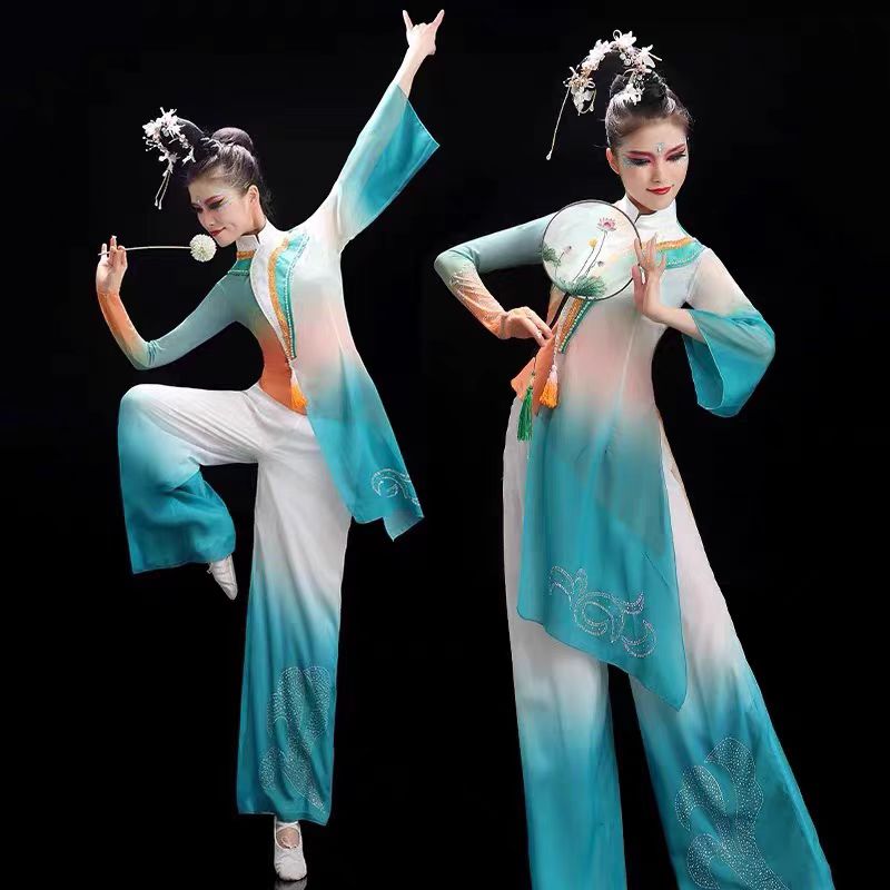 浓妆淡抹总相宜舞蹈服儿童古典演出服飘逸群舞胶州舞表演服扇子舞