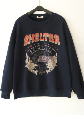 2025新款韩版复古字母印花加绒卫衣冬季女士圆领宽松长袖套头上衣