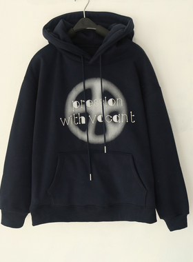 2025秋冬女士连帽印花加绒长袖套头卫衣宽松藏青色保暖上衣绒衫