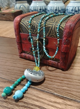 原创设计925银如意吊坠原矿绿松石项链民族风复古藏式饰品毛衣链