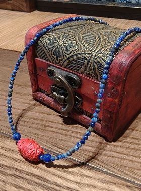 新国潮小清新青金石小米珠锁骨项链朱砂大珠子喜庆颈链短链