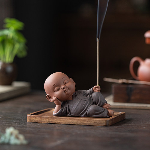 禅意紫砂小和尚线香插摆件