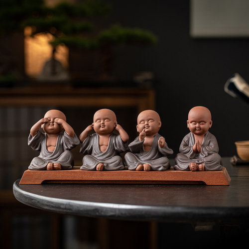 紫砂四不小和尚茶宠摆件