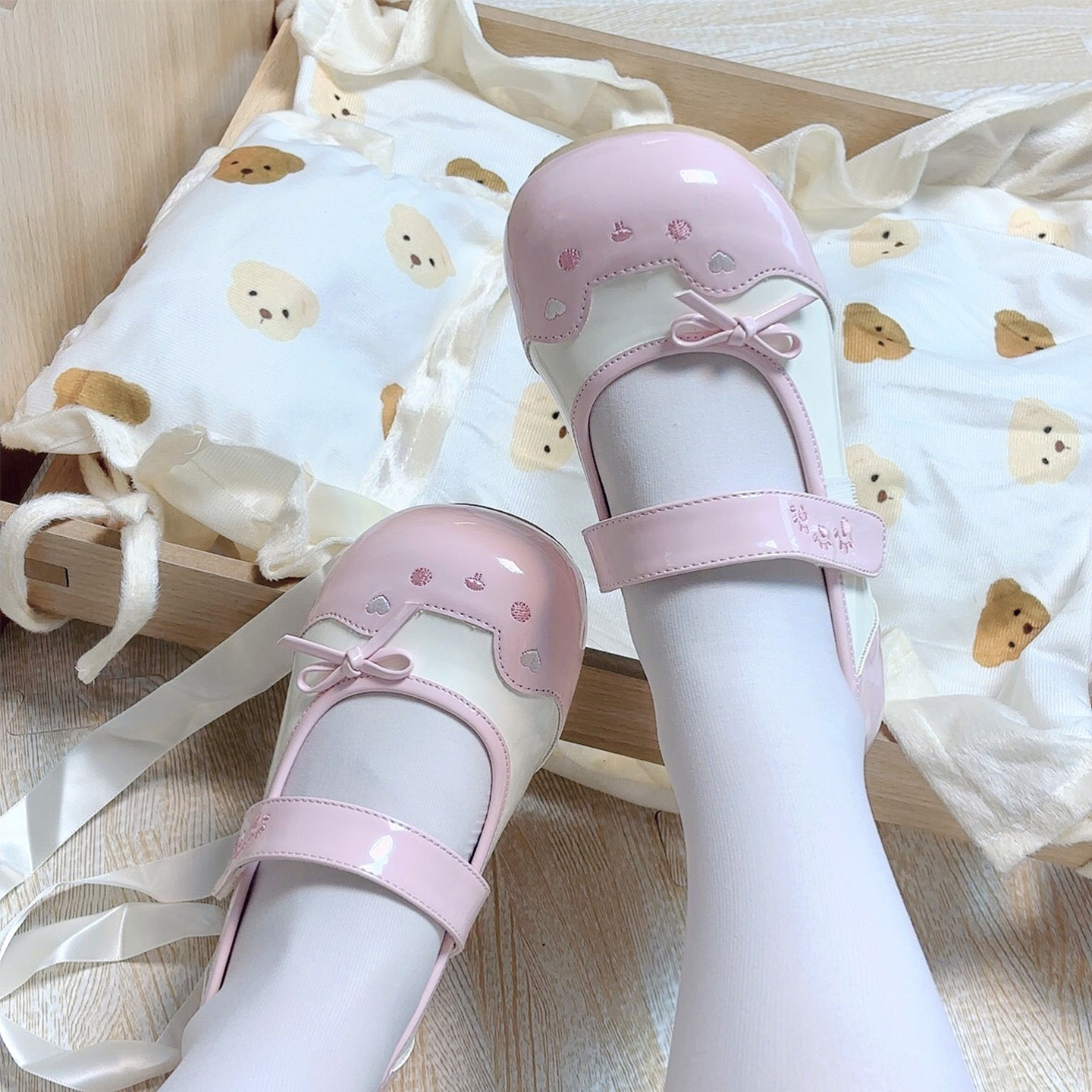 【现货】落寻森原创lolita呆呆熊室内鞋玛丽珍单鞋小皮鞋可爱百搭