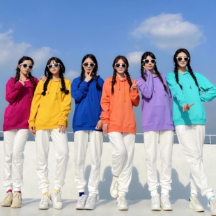 秋冬糖果色连帽卫衣男女同款学生多人团体演出服彩色班服闺蜜装