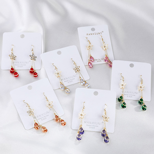 曼休妮五叶花瓣双吊坠长款耳坠五瓣花双线水滴闪亮人造水晶耳环饰