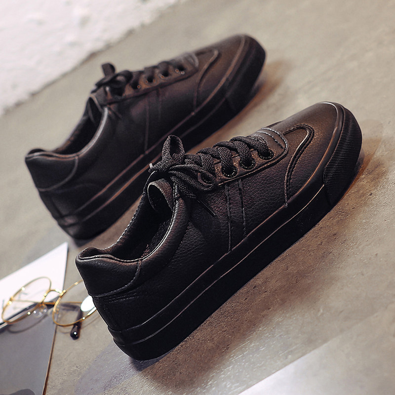 街拍小黑鞋女2024新款百搭韩版全黑色皮面工作鞋学生平底休闲板鞋,女鞋,深口单鞋,淘宝优惠券,粉丝福利购,淘宝优惠卷