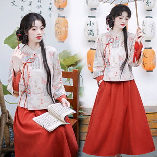 加绒加厚新中式 国风改良旗袍鹿皮绒复古上衣半身裙两件套兰亭帖女