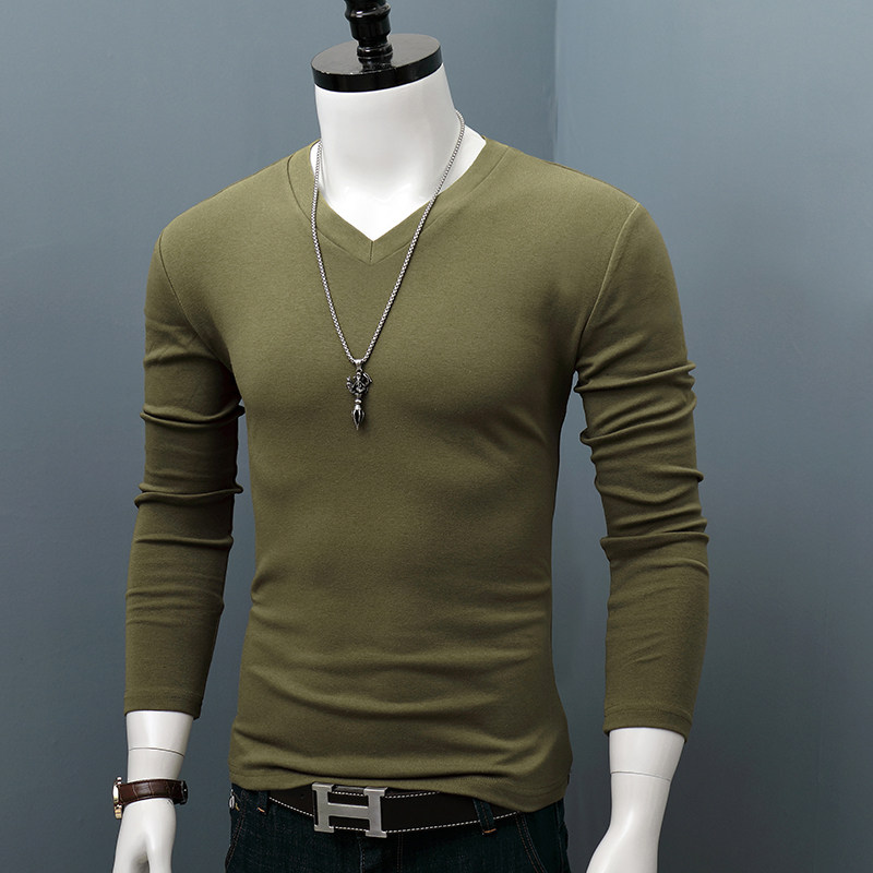 纯棉长袖t恤衫男士V领修身显瘦打底衫春秋韩版潮流加大码上衣纯色