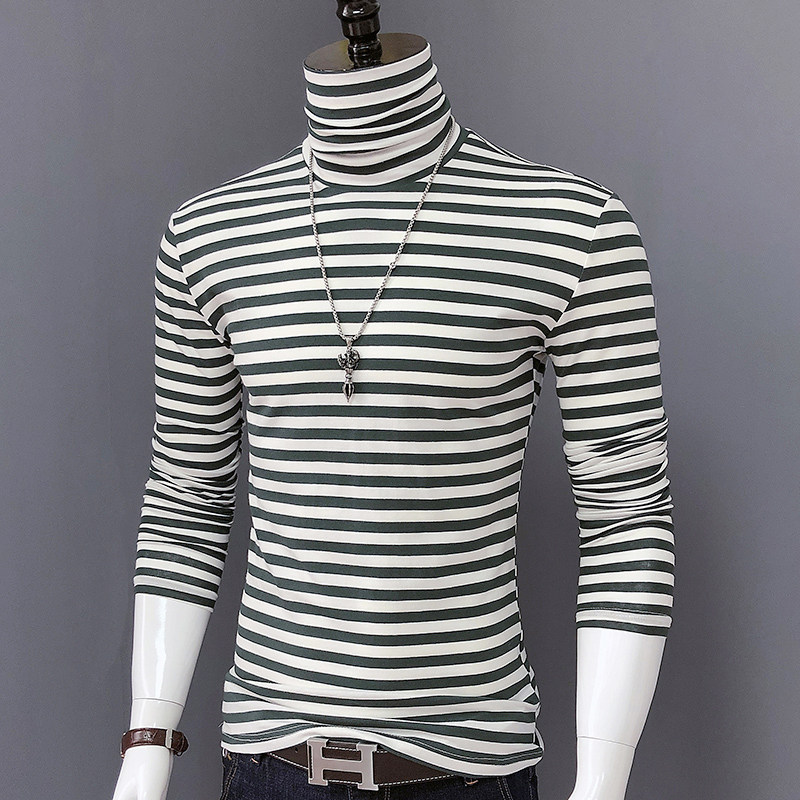 条纹高领长袖男士秋衣打底衫纯棉秋装修身内搭体恤衫上衣长袖T恤