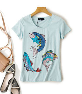 浅蓝M 断码清仓 鱼图案短袖男女士T恤