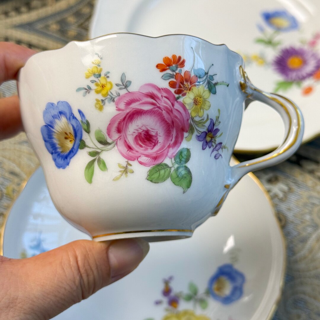 现货中古瓷器Meissen手绘德国之花牵牛玫瑰五花咖啡杯3件组 1等