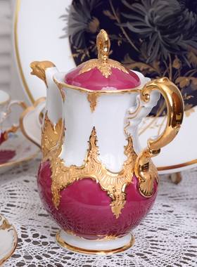 德国现货Meissen中古豪华洛可可风重金Bform红色摩卡咖啡壶一等