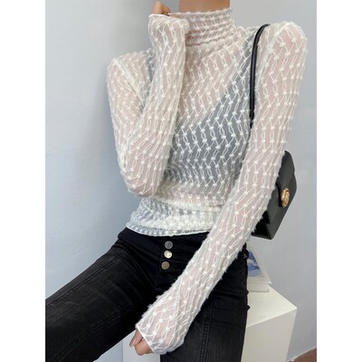 白色高领蕾丝打底衫女秋冬内搭设计感小众高级感超好看微透上衣薄