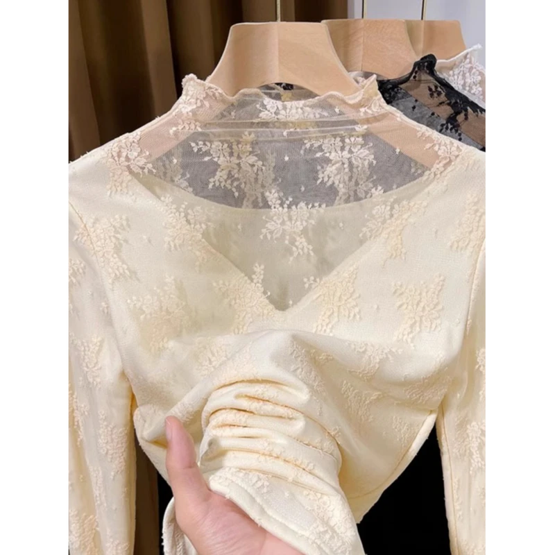 半高领加绒蕾丝打底衫女秋冬季保暖洋气内搭小衫毛衣叠穿纱衣上衣