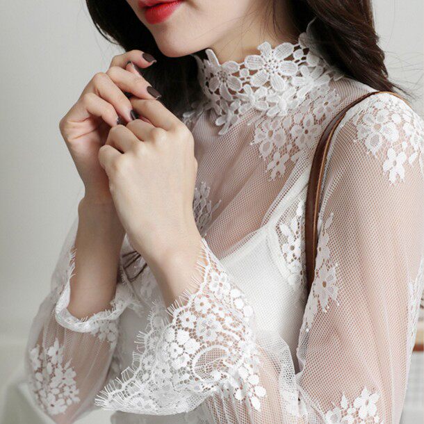 秋冬韩版新款假领子女衬衫装饰蕾丝网纱立领百搭木耳花边女打底衫