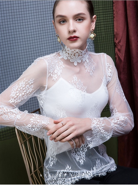 高级感打底衫女叠穿蕾丝花边透明内搭2025新款白色镂空网纱上衣