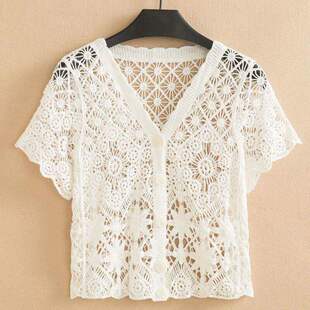 新款 短袖 针织衫 薄款 上衣 防晒小披肩外搭女镂空百搭开衫 夏季