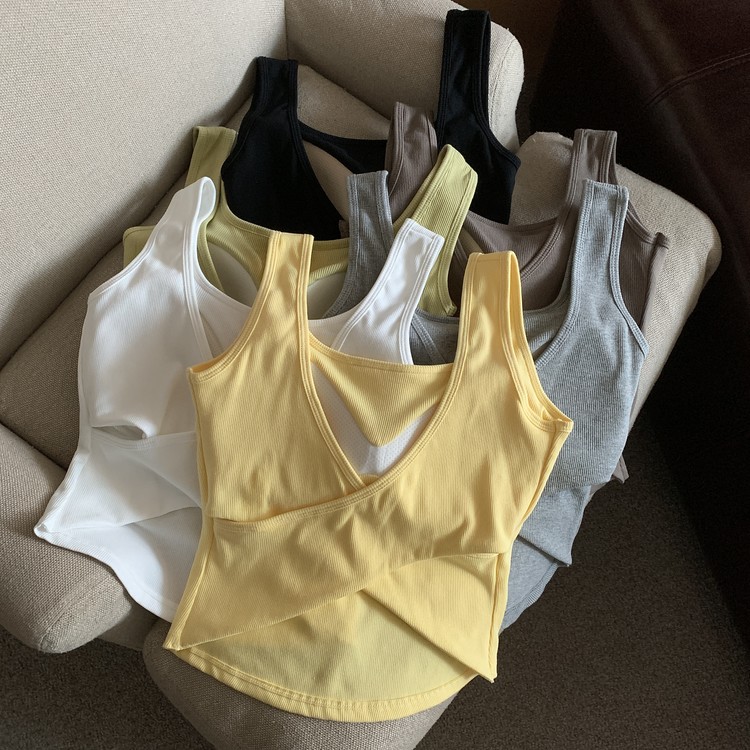泰式多巴胺吊带背心女夏外穿带胸垫文胸一体后背交叉露背打底上衣