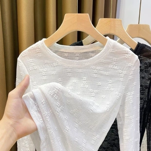 春秋季蕾丝打底衫女百搭正肩圆领长袖T恤紧身显瘦薄纱上衣内搭薄