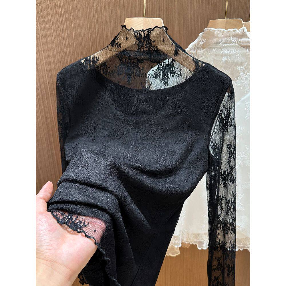 新款秋冬2025女士加绒加厚蕾丝木耳边半高领纱衣叠穿内搭毛衣打底