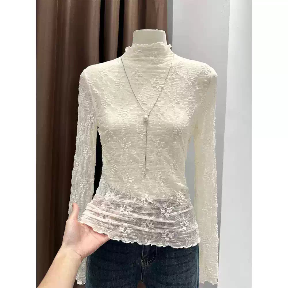 半高领花纹蕾丝打底衫女内搭春秋季女士纱衣叠穿透视网纱罩衫上衣