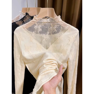 半高领加绒蕾丝打底衫女内搭春秋冬2025新款叠穿镂空气质网纱上衣