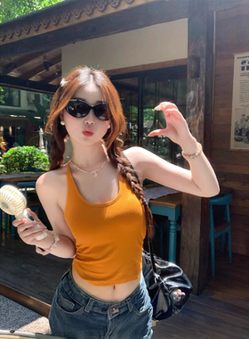多巴胺黄色挂脖上衣女夏季外穿美背吊带带胸垫内搭短款甜辣小背心