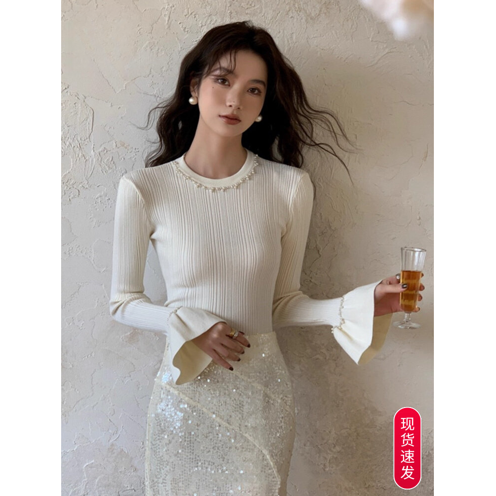 秋冬巨好看的重工钉珠高级感打底衫女内搭毛衣纯欲喇叭袖针织上衣,女装/女士精品,毛针织衫,淘宝优惠券,粉丝福利购,淘宝优惠卷