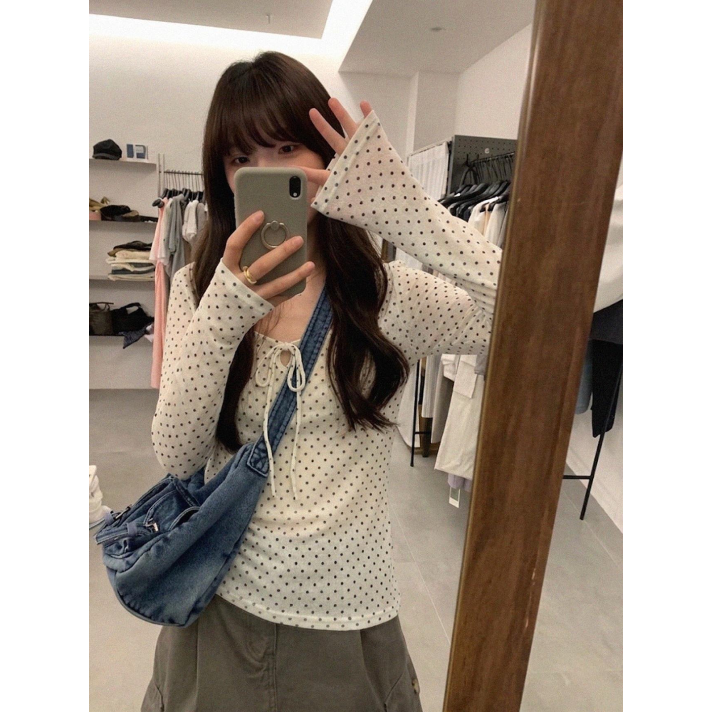 韩系蝴蝶结波点系带薄款微透长袖T恤女2026秋季新款修身显瘦上衣