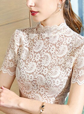 半高领蕾丝打底衫女2022春秋性感洋气小衫镂空中袖雷丝上衣