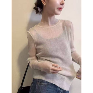 韩系简约半高领薄纱亮丝打底衫女长袖显瘦微透时髦叠穿内搭上衣潮