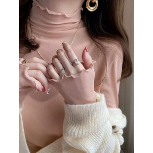 蕾丝打底衫女春秋款2023新款内搭网纱堆堆领粉色半高领早秋上衣