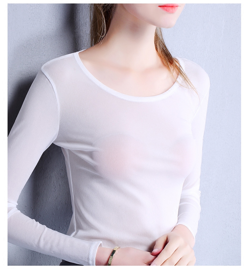 黑色全透明网纱打底衫女长袖薄款超弹力 性感透视上衣 前后u领t恤